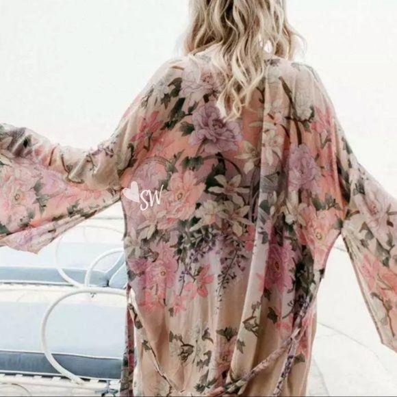 Boho Floral Print Maxi Duster Kimono Coverup - Picture 3 of 11